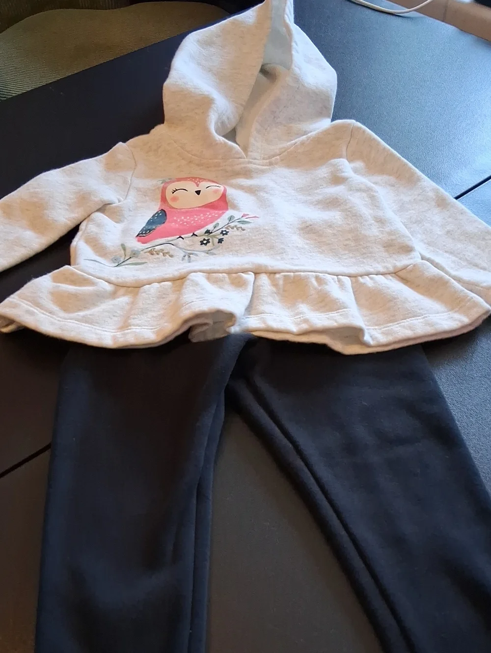 Cozy Girls' Cream Hooded Sweatshirt with Pink Owl Graphic Wth A Black Legging